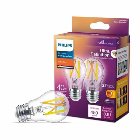 PHILIPS LED Light Bulb, A15 Lamp, E26 Medium Lamp Base, Dimmable, Clear, Warm Glow, 2200 to 2700 K Color Temp 564385
